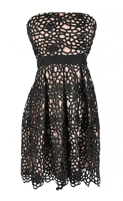 Sweet Honeycomb Lace Overlay Strapless Designer Dress by Minuet in Black/Nude